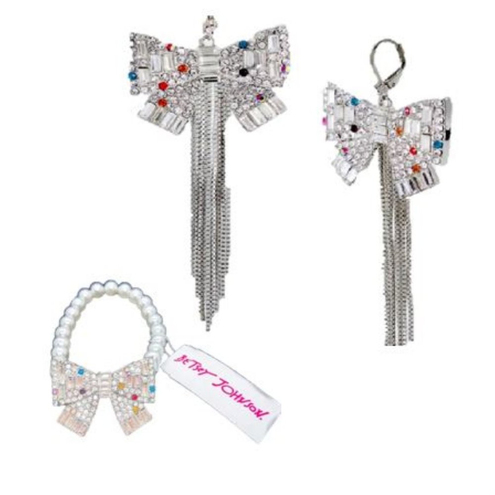 NWT Sparkly Silver Betsey Johnson Bow Earrings & Pearl Bracelet w/Pearls